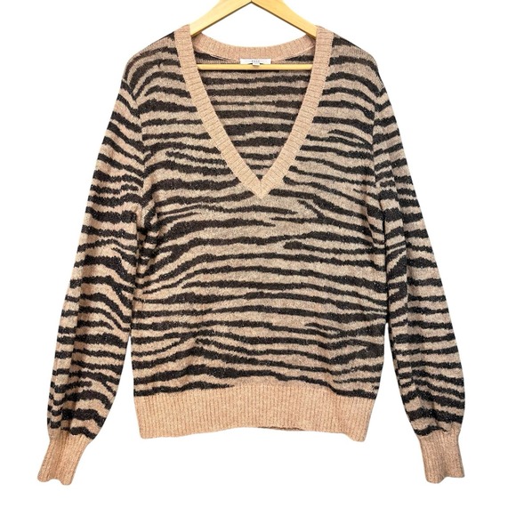 Joie Sweaters - Joie Inira Tiger Stripe Tan Metallic Alpaca Blend Animal Print V Neck Sweater  L